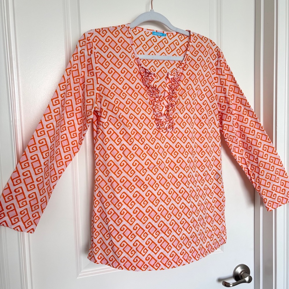 J. McLaughlin 100% Cotton Orange Geometric Print Blouse XS Long Sleeve